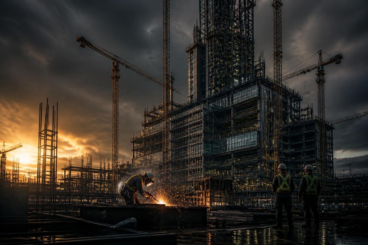 Cranes and engineers at a major construction site